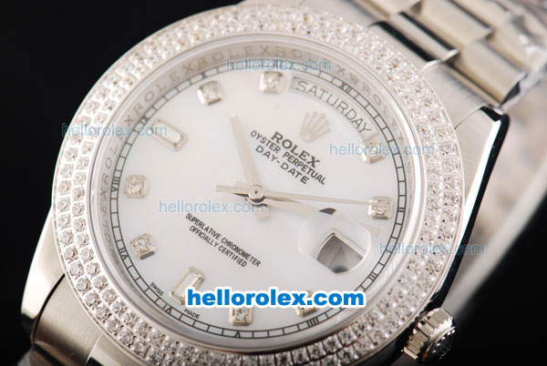 Rolex Day Date II Automatic Movement Full Steel with Double Row Diamond Bezel with Diamond Markers and White MOP Dial - Click Image to Close